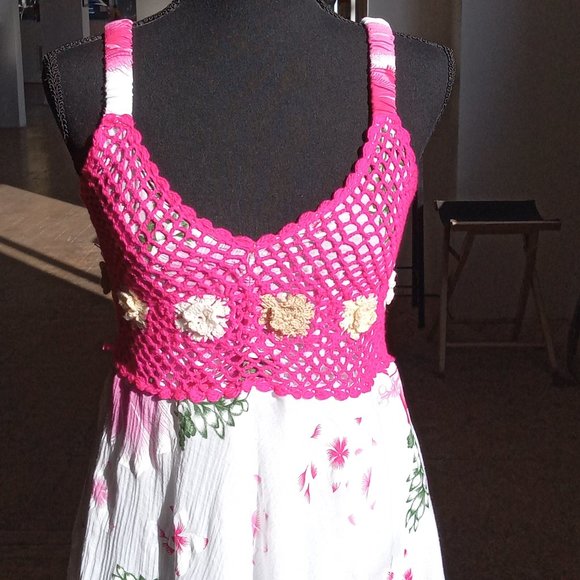 Pink and white floral crochet mixed media dress - Picture 8 of 11